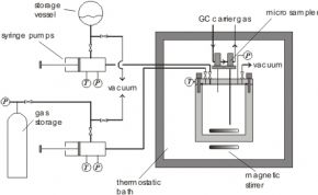 Schematic diagram of the high pressure static VLE apparatus with GC samplers for liquid and vapor phase